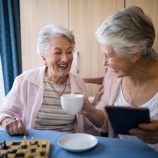 Women enjoying meal and chess together.
