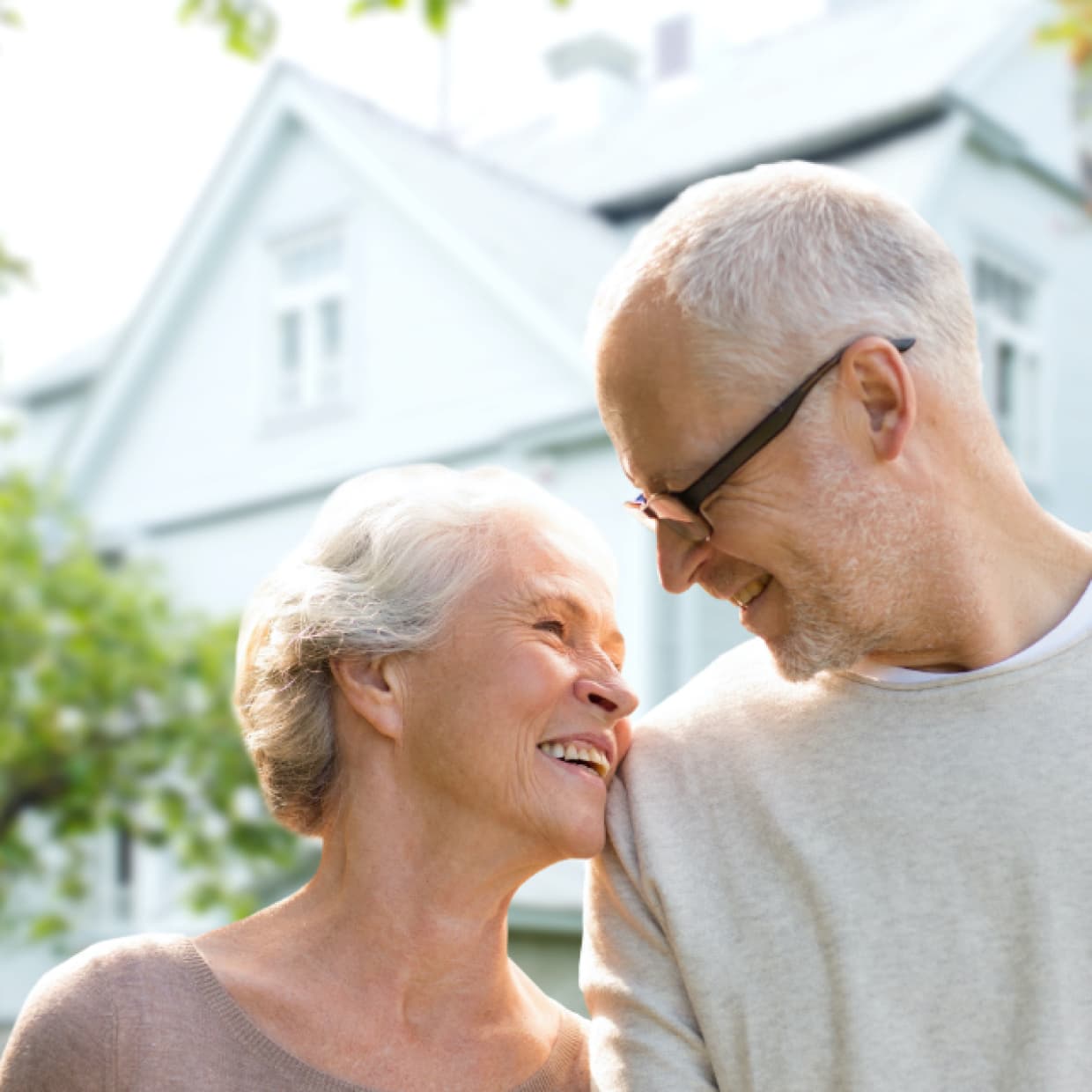 Couple walking in neighborhood.