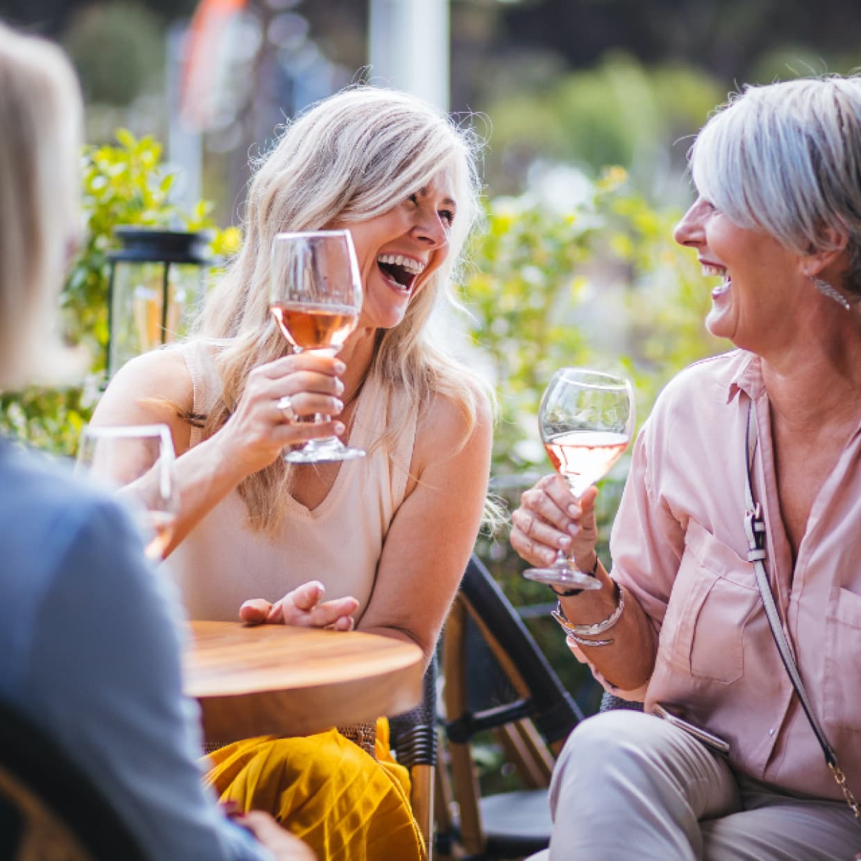 Friends smiling and toasting.