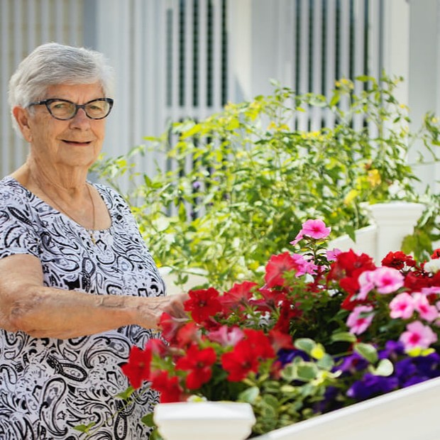 Senior woman caring for her garden. 